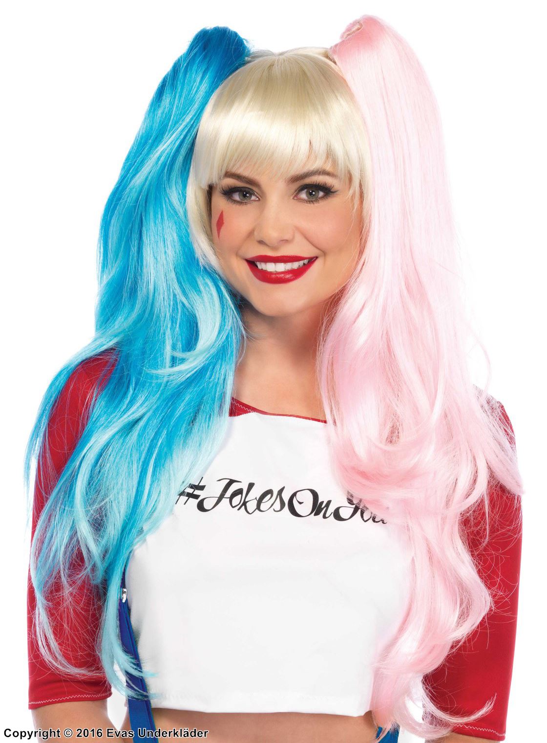 Harley Quinn, lång peruk med råttsvansar och lugg, flera färger